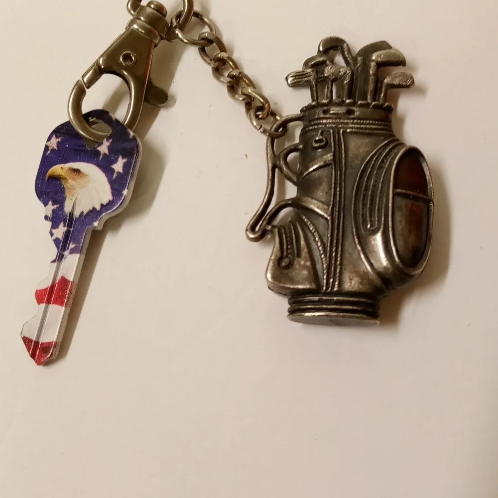 GOLF Bag Keychain Sculpted Clubs Keyring Pewter Bag Clip Keytag Golfing Golfer